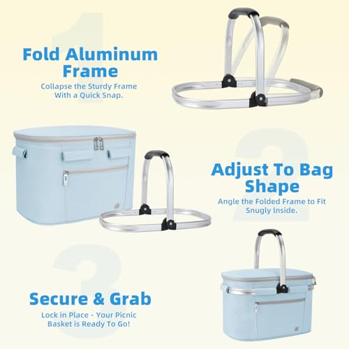 ALLCAMP Picnic Basket - Insulated Cooler, Thickening Foldable Picnic Basket with Removable Baskets & Sewn-in Frame, Basket for House Warming Gifts New Home(Light Blue) - color: Light Blue, size: Medium