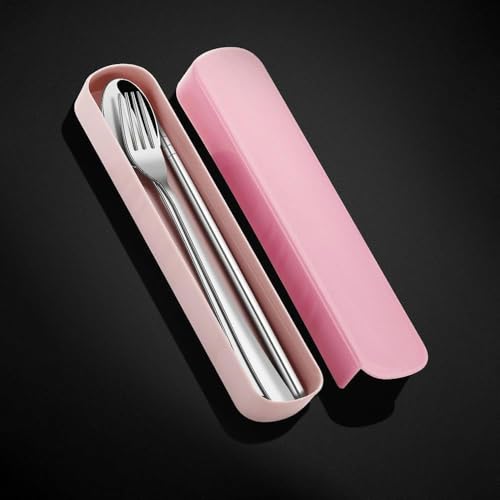Travel Utensils with Case, Portable Camping Utensils, 3 Pcs Cutlery Set, Stainless Steel, Reusable Flatware Silverware, Include Fork, Spoon & Chopsticks with Case - color: Pink