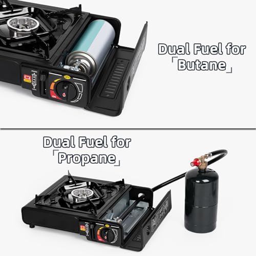 SHINESTAR Dual Fuel Stove with Butane & Propane Compatibility, Portable Camping Stove for Outdoor Cooking, Propane Adapter Hose and Carrying Case Included, 7800 BTUs Output - color: Black - 7800 BTU Dual Fuel