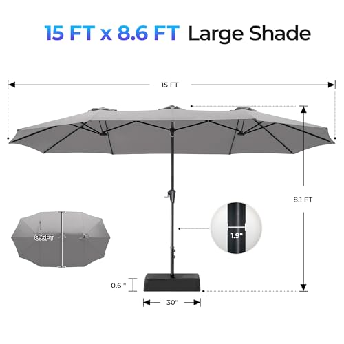 SUPERJARE 15FT Outdoor Patio Umbrella with Base Included, Double Sided Pool Umbrellas with Fade Resistant Canopy, Extra-Large Table Umbrella for Deck, Market, Backyard, Gray - color: Gray, size: 15ft
