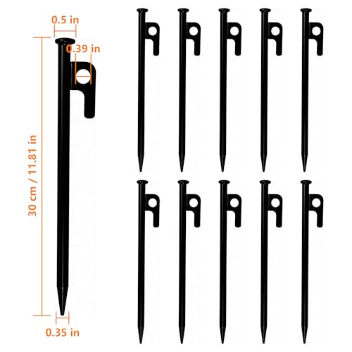 12 Inch Heavy Duty Tent Stakes 10 Pack, Steel Ground Stakes for Camping, Trampoline, Canopy, Tarp and Garden Anchoring, Rust Resistant Outdoor Pegs - size: 30cm/11.81in