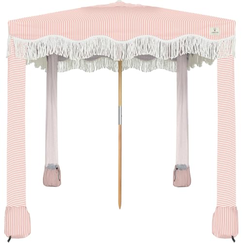 AMMSUN Beach Cabana with Fringe, 7' x 7' Boho Beach Canopy with Tassels, Easy Set up & Premium Wood Pole, Cabana Tent with Sand Pockets, Instant Sun Shade for Sand, Garden, Patio, Pink Stripes - color: Pink Stripes