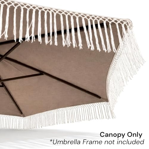 Formosa Covers 9ft 8-Rib Boho Replacement Umbrella Canopy with Tassel Fringe Valance, 600D Polyester, UV-Treated, Fits Market Patio Frames - color: Tassel Taupe