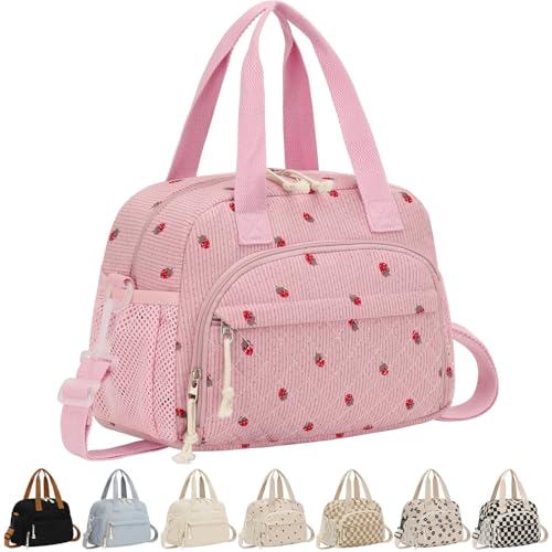 ELONGRIVER Corduroy Insulated Lunch Bag for Women Teen Girls, Portable Adult Lunch Box, Reusable Tote Cooler Bags, Lightweight Womens Lunch Bags with Front Pockets Work Picnic Travel, Pink Strawberry - color: Pink Strawberry