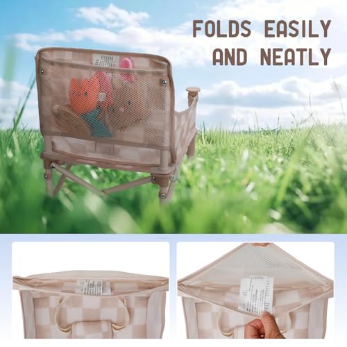 Tiny Marvels 3-in-1 Portable Baby Chair, Foldable Booster Seat with Removable Tray, Safety Harness & Carry Bag for Dining, Travel, Camping, Beach, 6M-3Y (Sand Checker) - color: Sand Checker