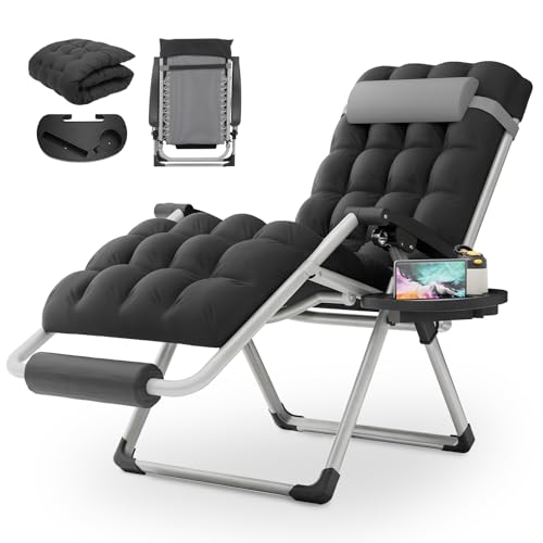 MoNiBloom Zero Gravity Lounge Chair with Cushion, Padded Patio Anti Gravity Recliner, Foldable Outdoor Lounger with Cup Holder Tray, Headrest and Footrest for Beach Camping, Grey - color: Grey, size: Standard with Footrest 1-Pack