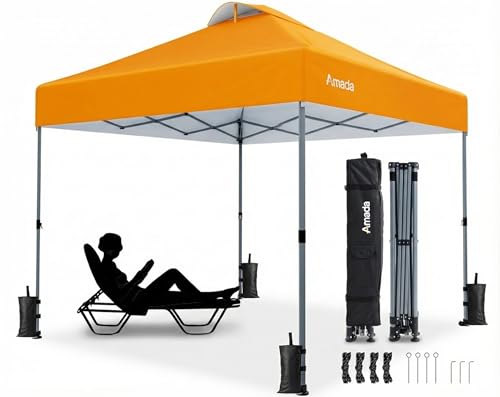 Amada 10x10 Pop Up Canopy Tent, 1-Button Push Easy-up Outdoor Canopy Beach Tent with 3-Height Adjustable Waterproof Shade Shelter, Wheeled STO-N-Go Bag 8 Stakes, 4 SandBags (Orange) - color: Orange, size: 10x10ft