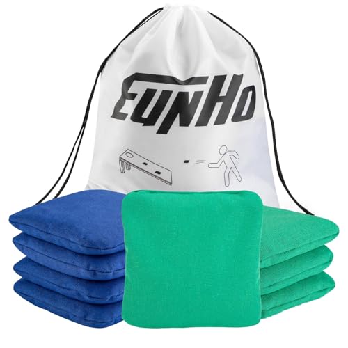 EunHo Cornhole Bags Set of 8 Regulation Size & Weight Corn Hole Bean Bags Official Professional All Weather for Tossing Game with Carry Case - color: Blue/Green