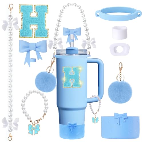 9pcs Stanley Cup Accessories Set- for 30oz 40oz Tumblers with Handle - Bule Kit Includes Bow Straw Topper and Boot, Charm, Pearl Handle Strap & Stickers - Aesthetic Girl Gifts (H) - color: H