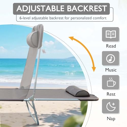 Majnesvon Folding Chaise Lounge Chair, Pool Sun Tanning Chair, Outdoor Lounge Chair with 5-Position Reclining Back, Breathable Mesh Seat, Headrest for Beach, Yard, Patio(Brown) - color: Brown