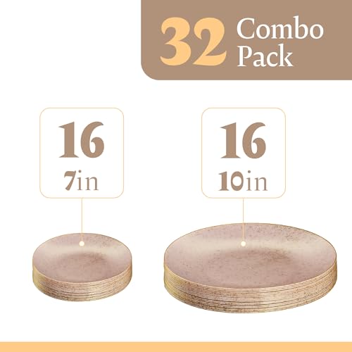 PLASTICPRO 32 Pack Elegant Disposable Plastic Plates Combo Set Includes 16 Dinner Plates and 16 Salad Plate Heavy Duty Fancy Party Plates Pink Granite Plate with Gold rim - color: Granite Collection Pink With Gold Rim