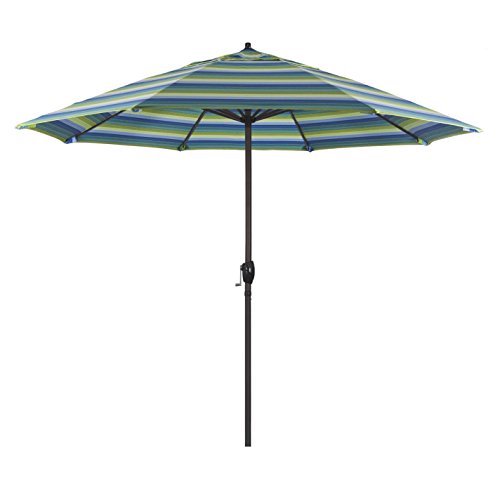 California Umbrella 12-Year Protection 9-Ft Outdoor Patio Umbrella, Sunbrella Fade-Resistant Acrylic Fabric, Auto Tilt and Crank, Heavy-Duty Aluminum Frame/ Reinforced Ribs, Bronze Pole, Seville Seaside - color: Seville Seaside