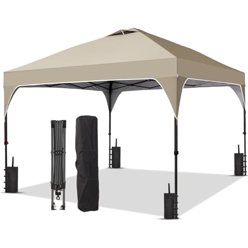 8x8 FT Canopy Tent, Pop Up Canopy with 1-Button Push, 4 Sandbags, Instant Outdoor Gazebo Shelter (Khaki, 8x8) - color: Khaki, size: 8x8