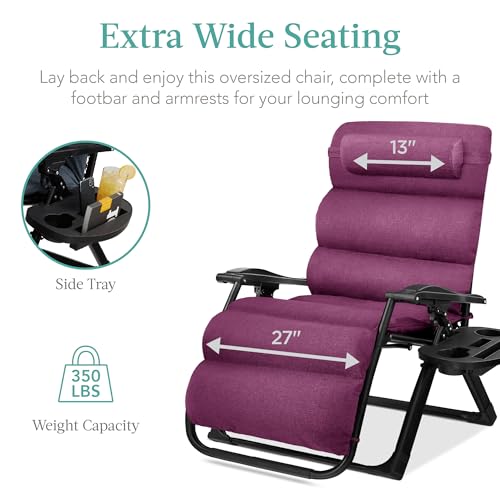 Best Choice Products Oversized Zero Gravity Chair, Folding Outdoor Patio Recliner, XL Anti Gravity Lounger w/Removable Cushion, Cup Holder, Side Tray, 350lb Capacity - Amethyst Purple - color: Amethyst Purple