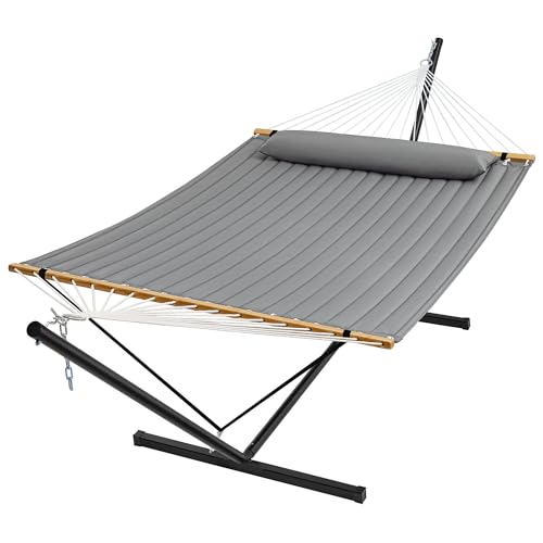 SUPERJARE Hammock with Stand, 2 Person Quilted Outdoor Hammock, Detachable Pillow & Bamboo Spreaders, Portable Hammock with Carrying Bag, Heavy Duty Stand, Perfect for Outside, Patio, Gray - color: Grey, size: 55.1"W × 74.8''D × 43.3''H