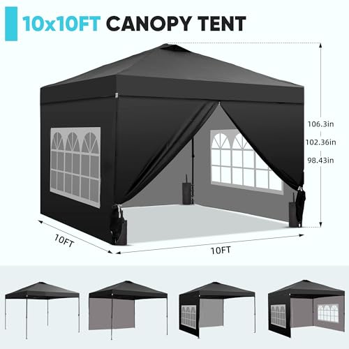 GDY 10x10 Pop Up Canopy Tent with 4 Sidewalls, Easy Set up with One Push Lift Outdoor Silver Coated Beach Gazebos, Carpas with 4 Sandbags, for Events, Parties,Camping, Black. - color: Black, size: 10x10 with 4 Sidewall