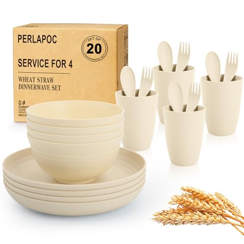 Kitchen Wheat Straw Dinnerware Sets for 4, Unbreakable Kids Dish Set 20 PCS - Dinner Plate/Cereal Bowl/Cup/Fork/Spoon, for Outdoor Camping, RV, Apartment Essentials - Beige - color: Beige, size: 20 PCS