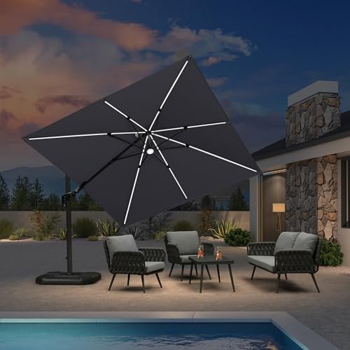 PURPLE LEAF 10 Feet Patio Umbrella Outdoor Cantilever Solar Powered LED Swivel Square Umbrella Aluminum Offset Umbrella with 360-degree Rotation for Garden Deck Pool Patio Light Grey - color: Light Grey, size: 10' X 10', style: Left-right Tilt（LED）