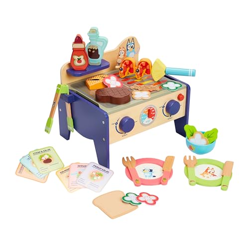 Bluey 8th Wonder Wooden Salad & BBQ Grill Toy Set, 33-Piece Play BBQ Food Set with Tongs, Food, and 6 Recipe Cards, Kitchen Toys for Kids Ages 3+ - style: BBQ Grill Set