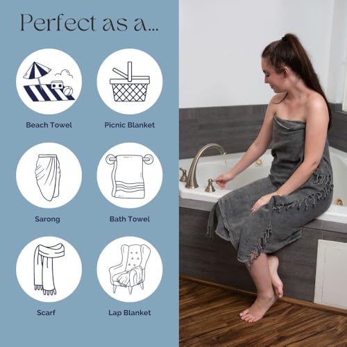 InfuseZen Stonewashed Turkish Bath & Beach Towel –100% Organic Turkish Cotton - Soft, Lightweight, Absorbent - Quick Dry, Sand Free - Swim, Pool, Shower, Travel - Peshtemal, Hammam Spa Towel - Black - color: Black