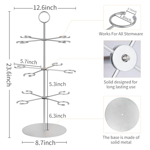 QPIX DIGITAL Cocktail Tree Stand, Metal Drink Tower, 3 Tier - 12 Holders For Champagne, Cocktails,Martini, Margarita Cups at Weddings, Bridal Shower, Mimosa Bar Parties & Events (Silver) - color: Silver, size: 24"x 13"-12 Holders