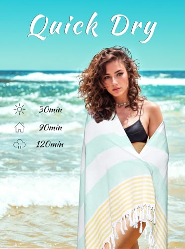 cabanana Turkish Beach Towel Oversized - 40"x70" Quick Dry Sand Free Thin Beach Towels for Adults,Extra Large Cotton Lightweigh Travel Towel for Beach Accessories (Aqua Yellow) - color: Z Aqua Yellow