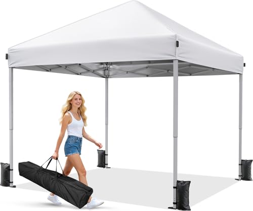 Driftalia 10x10 Pop Up Canopy Tent, Instant Setup Portable Canopy with Carry Bag, 4 Sandbags and 8 Stakes for Outdoor Events, Parties & Camping - White - color: White, size: 10x10ft