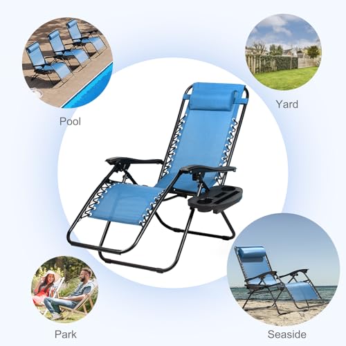Nazhura Set of 2 Relaxing Recliners Patio Chairs Adjustable Steel Mesh Zero Gravity Lounge Chair Beach Chairs with Pillow and Cup Holder (Sky Blue) - color: Sky Blue