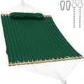 GAFETE Hammock 2 Person Quilted Fabric Hammocks for Outside, Double 12ft Hammocks with Spreader Bar, Large Removable Pillow, Storage Bag, Carabiners, Max 475 lbs Capacity (Night Green) - color: Night Green