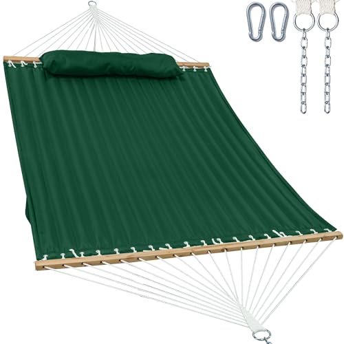 GAFETE Hammock 2 Person Quilted Fabric Hammocks for Outside, Double 12ft Hammocks with Spreader Bar, Large Removable Pillow, Storage Bag, Carabiners, Max 475 lbs Capacity (Night Green) - color: Night Green
