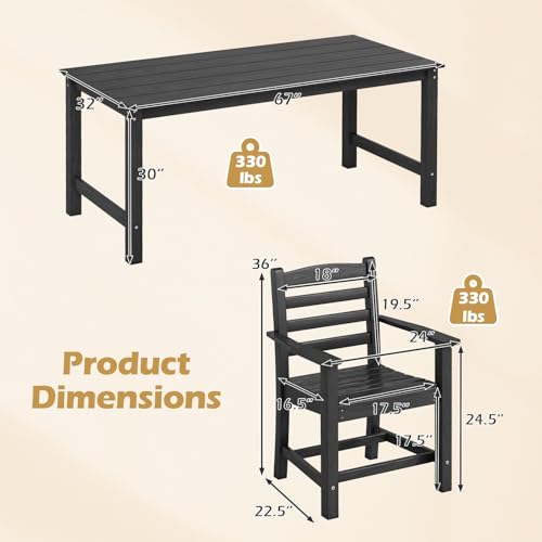 Tangkula 7 Pcs Outdoor Dining Table Set for 6, 67” HDPE Weather-Resistant Patio Rectangle Table & 6 Armchairs w/Curved Seat, Umbrella Hole, Wood Grain, Plastic Dining Furniture (Black, 7 Pcs) - color: Black, size: 7 Pcs