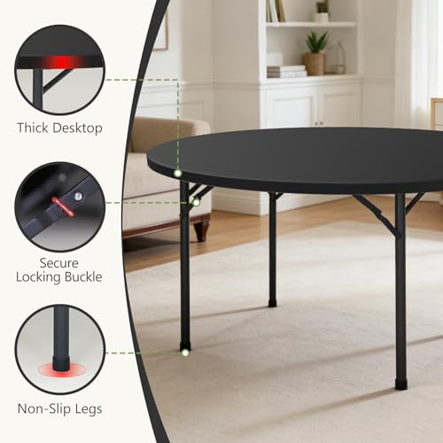 60" Folding Round Table, Plastic Dinner Table, Portable Folding Banquet Table for Living Room, Party or Outdoor Event, Black - color: Black, size: 60"