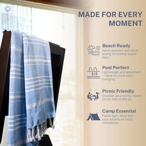 Cotton Turkish Beach Towel with Towels Oversized 36"x72" Pool Absorbent Extra Large Quick Dry Sand Travel Towel (Azure Bliss, 4 Pack) - color: Azure Bliss, size: 4 Pack