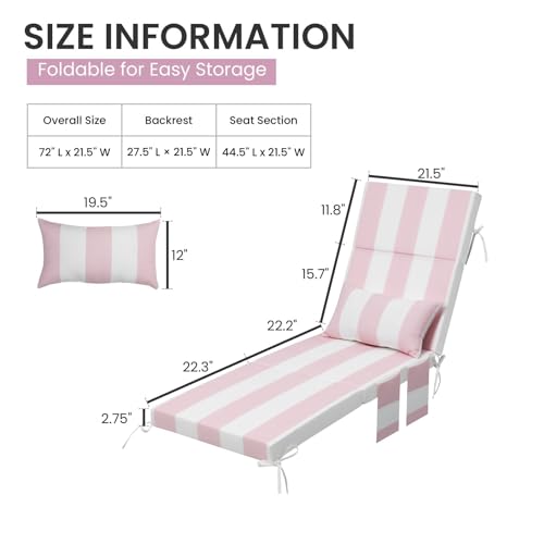 Crestlive Products Foldable Outdoor Chaise Lounge Cushions with Head Pillow and Side Pockets, Water Resistant & Fade Resistant Lounge Chair Cushion, 72''L x 21''W, Set of 2, Pink Stripe - color: Stripe|pink&white, size: 72"l X 21"w