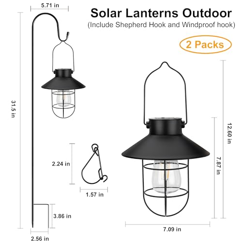 pearlstar 2 Pack Solar Lights Outdoor, Hanging Solar Lanterns with Edison Bulb and 2 x 32 Inch Shepherd Hooks, Waterproof Landscape Lighting for Garden Patio Yard Pathway Driveway Lawn (Black) - style: Black Lanterns