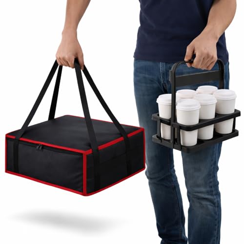 Bodaon Insulated Pizza Bags for Delivery & Plastic Portable Drink Carrier, 20" x 20" x 6" ermicas/Heat Thermal Food Carrier for Hot and Cold Food, Large Warming Bag for Catering and Delivery, 1-Pack - color: Black-red Bag with Drink Carrier, size: 20" x 2