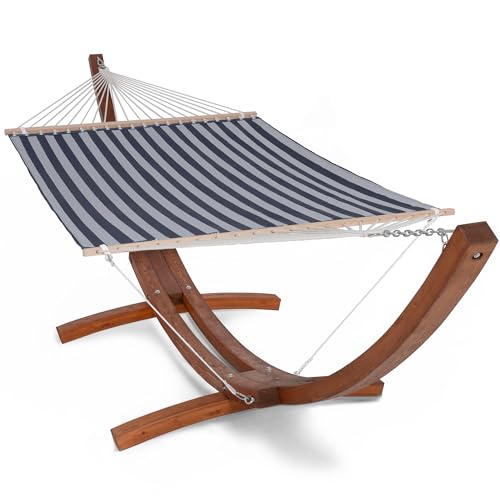 SUNCREAT Hammocks Standing Backyard Hammock with Stand, 2 Person Heavy Duty Hammock with 13.5 ft Wooden Stand, Blue Stripe - color: 11-blue Stripe