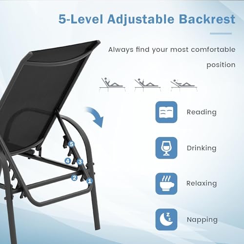 Giantex Patio Lounge Chair, Outdoor Chaise Lounge with 5 Adjustable Backrest, Sturdy Steel Frame, Sunbathing Recliner, Beach Chair, Tanning Chair for Outside, Yard, Balcony, Pool Chairs, Black - color: Black