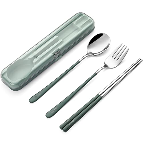 DEVICO Portable Utensils, Travel Reusable Silverware Flatware Set for Lunch, 18/8 Stainless Steel 4-Piece Camping Cutlery Include Fork Spoon Chopsticks with Case (Green) - color: Green