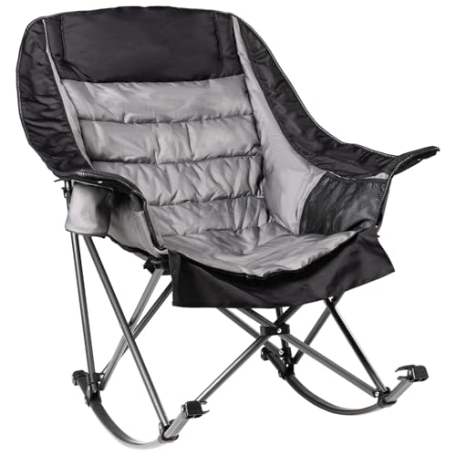 Oversized Rocking Camping Chair for Adults - 400lbs Capacity Padded Camp Chair with Cup Holder, Portable Foldable Outdoor Rocker Chair for Camping, Backyard, Patio (Black & Gray) - color: Black & Gray, size: 1 PCS