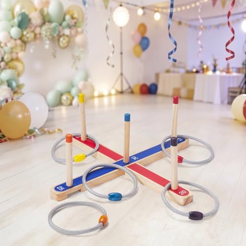 WILLOWDALE Wood Ring Toss Game for Kids, Outdoor Yard Games with 5 Rope Rings, Backyard Fun Ring Toss Rings, Wooden Outdoor Games for Adults and Family, Indoor Games for Kids (Red & Blue)