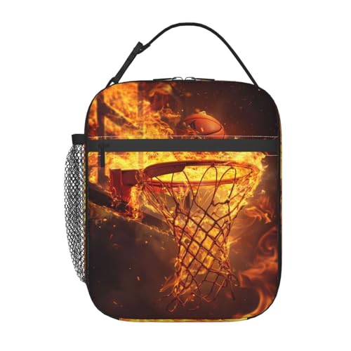 Reusable Basketball Lunch Box for Kids Girls Boys Women Men Adult, Insulated Dynamic Sport Lunch Bag,Polyester Cooler Flame Art Handbags Case for School Picnic Work Travel Beach or Hiking - color: Basketball 02