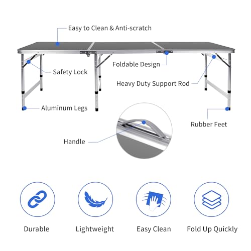 Moosinily Camping Table 6FT Folding Table Large 3 Adjustable Height Portable Picnic Table Camp Aluminum Outdoor Picnic BBQ Black - color: Black, size: 6ft