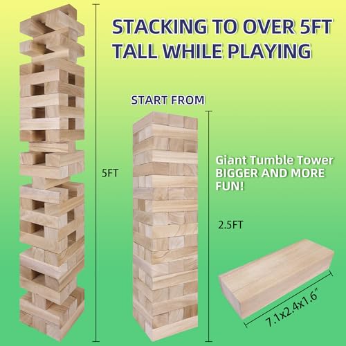 GOTHINK Giant Tumble Tower Game, Large Tumbling Tower Stacking to Over 5 FT 54pcs Wooden Jumbo Blocks for Outside Yard Games with Carry Case Timber Stacking Game Night Toy Gift for Kids Adults Family - size: XL- Over 5FT