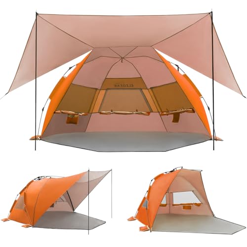 Elegear CumbreX™ Beach Tent with 360° Removable Canopy, 4-6 Person Pop Up Sun Shade Shelter, UPF 50+ Automated Installation Double Silver Coating Portable Lightweight Beach Cabana for Outdoor Orange - color: Orange
