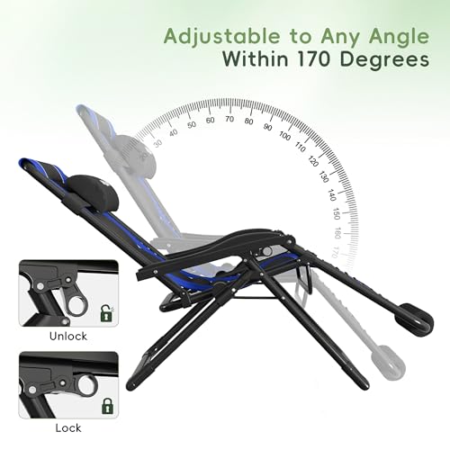 Amopatio Foldable Zero Gravity Chair Oversized Outdoor Reclining Chair 500LB Weight Capacity XXLPatio Recliner with 0-170° Adjustable Backrest Heavy Duty Lounge Chair with Cup Holder,Blue-Black - color: Blue-black, style: 33in-1pc