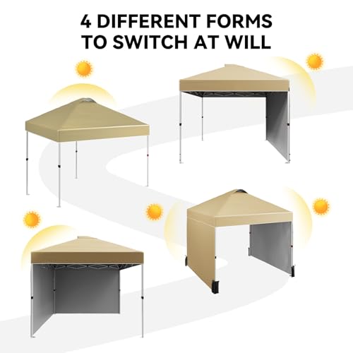 10 x 10 Pop Up Canopy, All Season Instant Canopy with 2 Sidewalls and Vented Roof, Portable Party Tent with Wheeled Carry Bag and Sandbag for Camping, Picnic, Party, Khaki - color: Khaki, size: 2 Side Walls