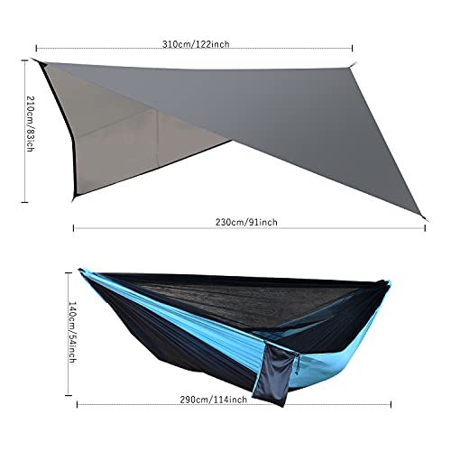 Camping Hammock with Mosquito Net Rain Fly Heavy Duty Tree Strap Nylon Parachute Single Double Hammock Tent Waterproof Rainfly Set for Camping Backpacking Backyard Patio Hiking Travel Outdoor - color: Blue