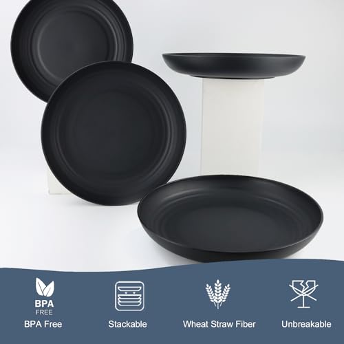 Homienly Deep Dinner Plate Set of 12 - Alternative to Plastic - Microwave & Dishwasher Safe - Wheat Straw Construction - Unbreakable - Ideal for Kids (Black, 9 inch) - color: 12 PCS Black, size: 9 IN