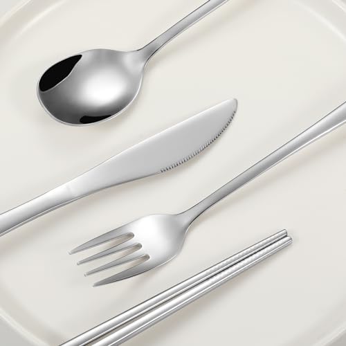 Travel cutlery set, 18/8 stainless steel cutlery, Reusable utensils set with case, Portable Silverware Lunch Box for Camping and Office-Stainless steel - color: Natural Color